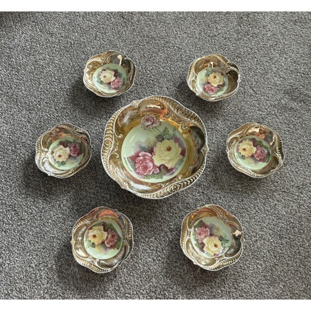 7-PC Antique Hand Painted Nippon Floral & Gold Nut Bowl & 6 Salt‎ Cellar Dishes
